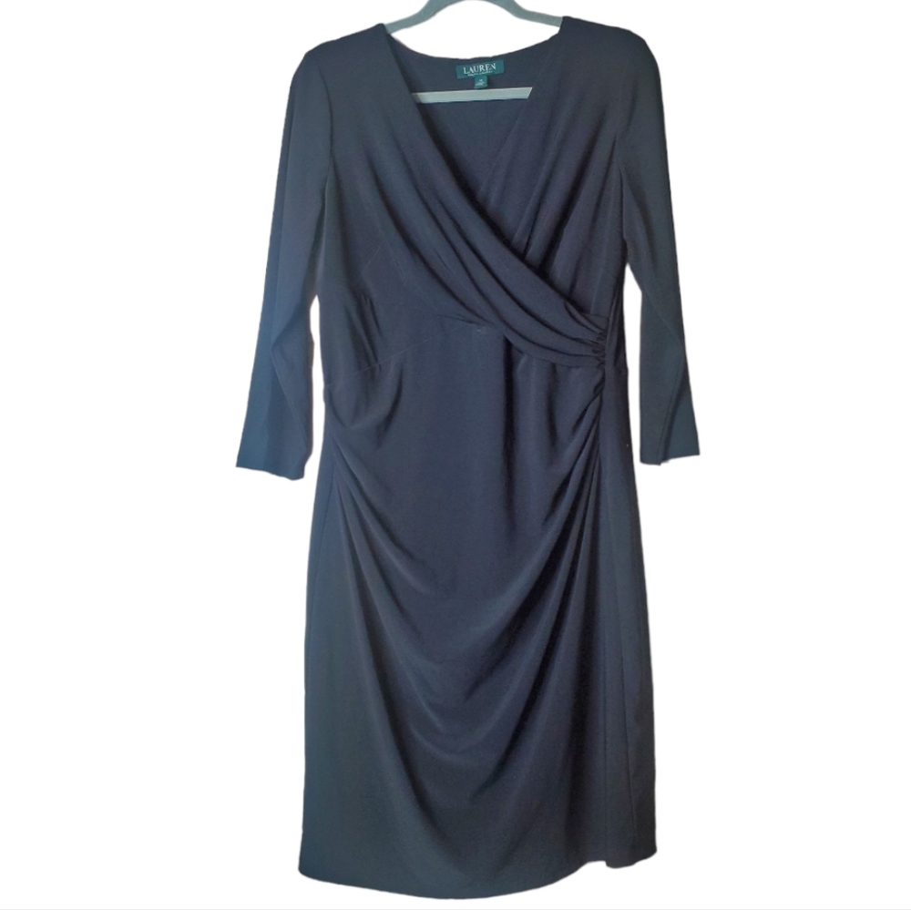 Lauren Ralph Lauren Black Dress V-Neck Faux Wrap Size 12 Stretchy Fabric…